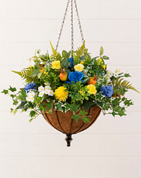 Yellow and blue flowers in a hanging basket