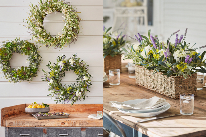 A collage of flower wreaths and a flower arrangement
