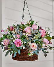 outdoor hanging basket with pink flowers