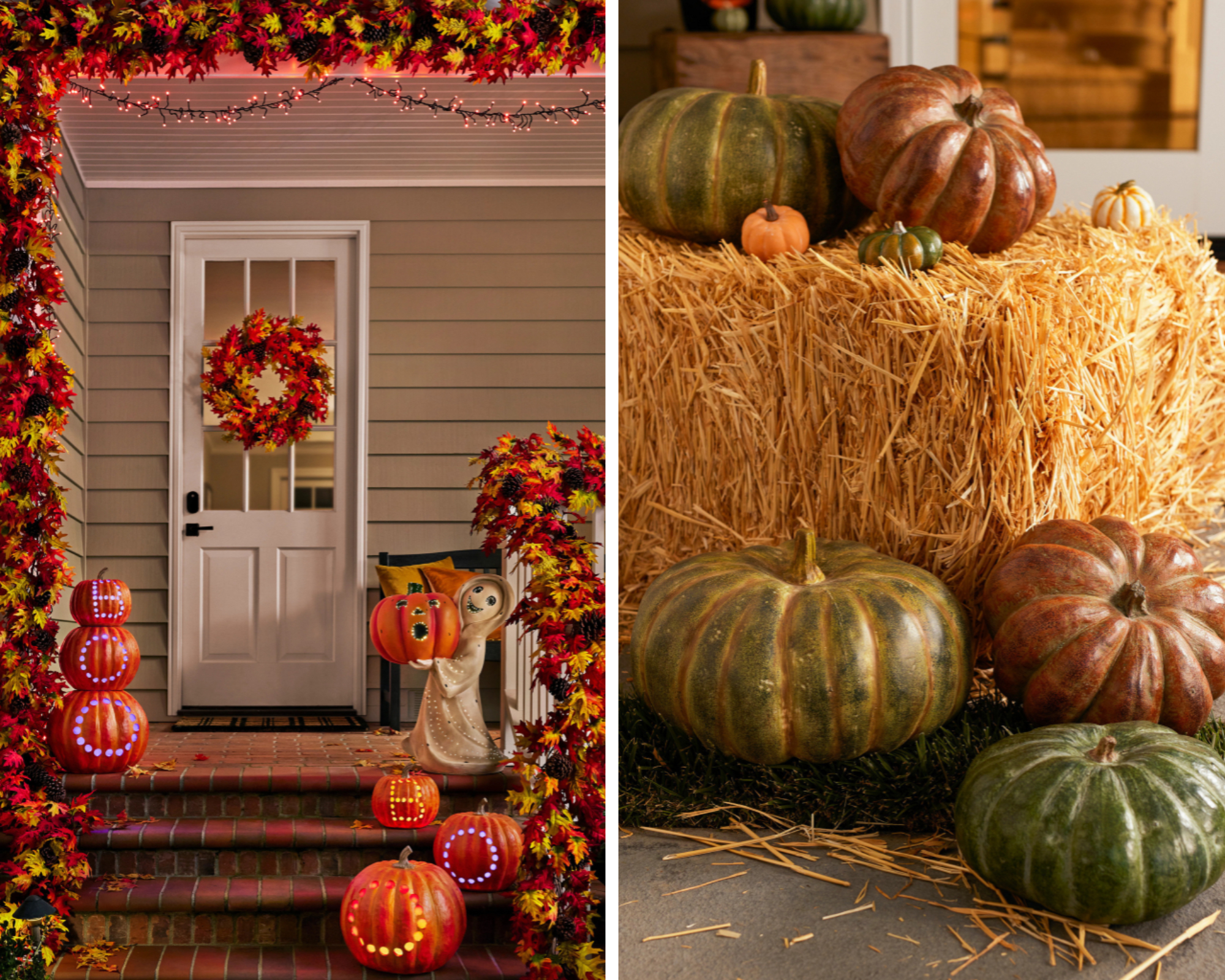 用南瓜和秋天的树叶拼贴门廊装饰