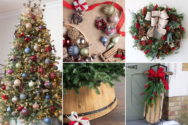 A collage of photos showcasing rustic, farmhouse-themed Christmas décor
