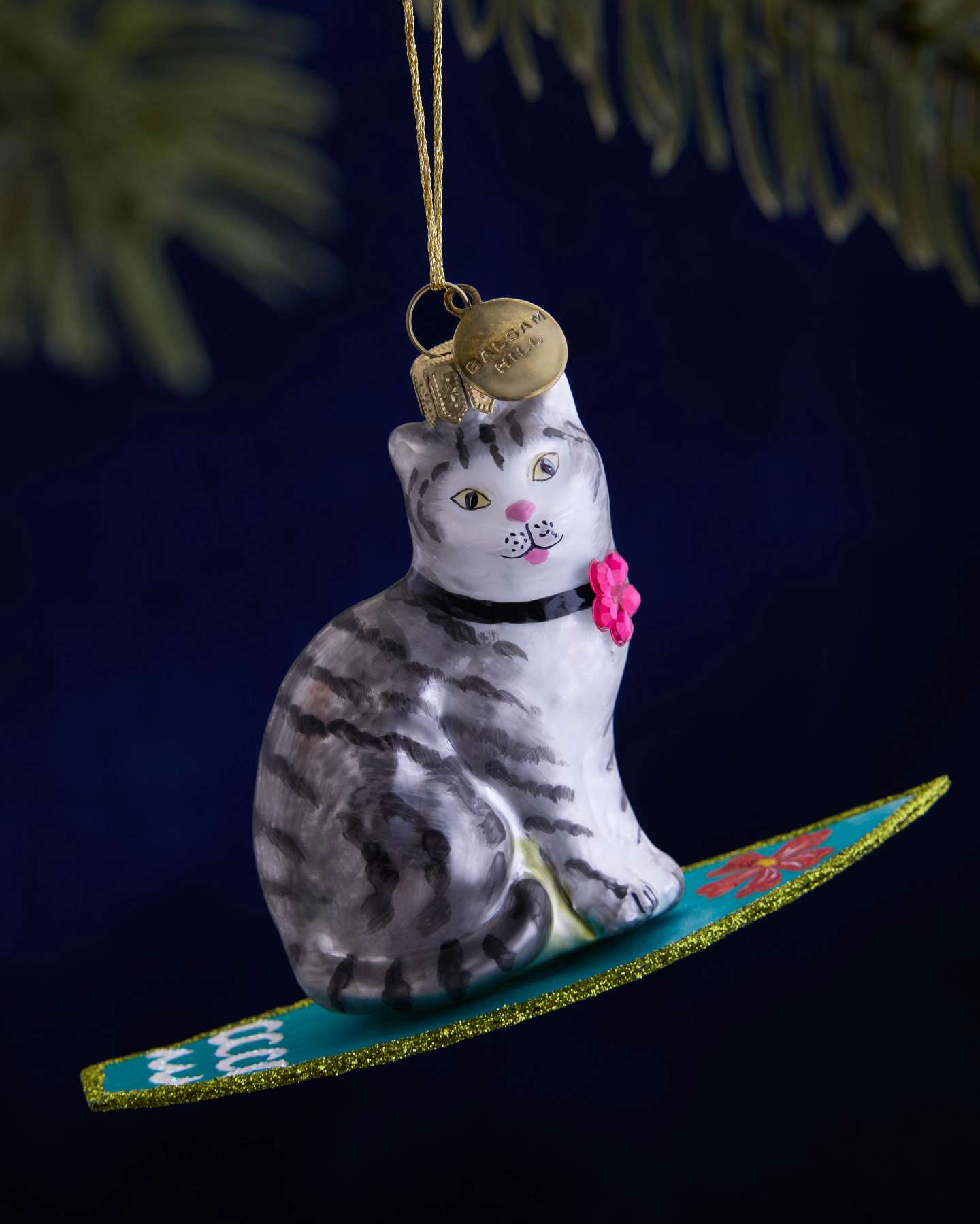 Balsam Hill Studio Surfing Gray Cat Ornament