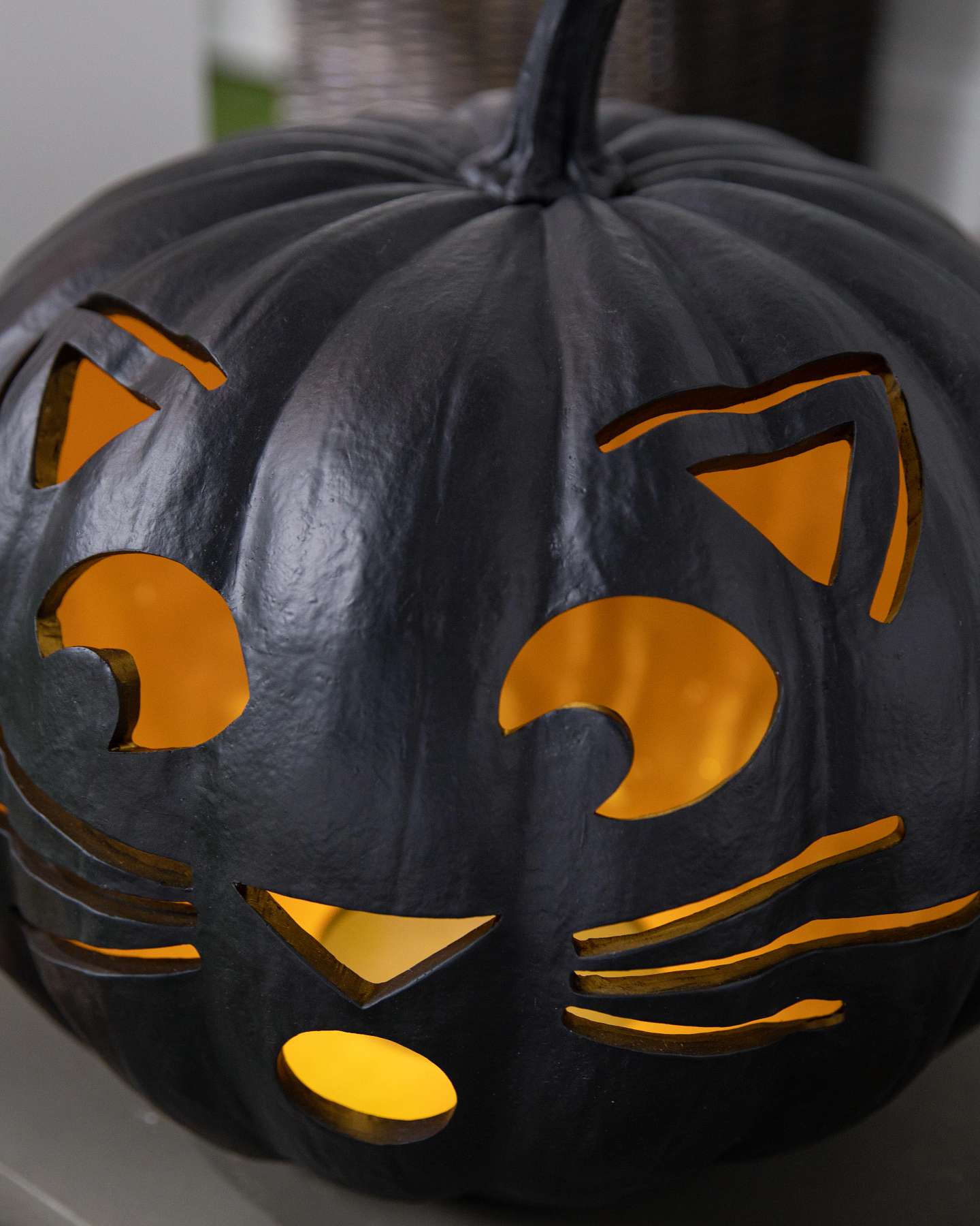 Balsam Hill Black Outdoor Lit Cat-o-Lantern Front Closeup