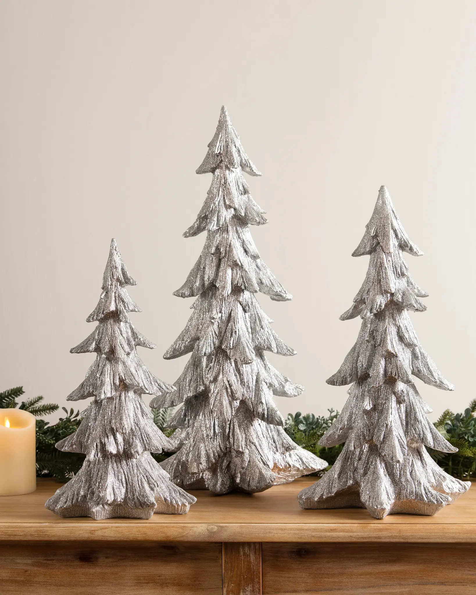 Set 3 Silver Glitter Trees 9.5" 7.5" & 6" Tall Christmas Holiday Tabletop Decor 