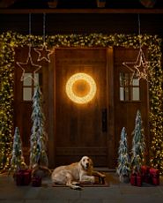 Patio decorated with LED outdoor Christmas trees and pre-lit garlands