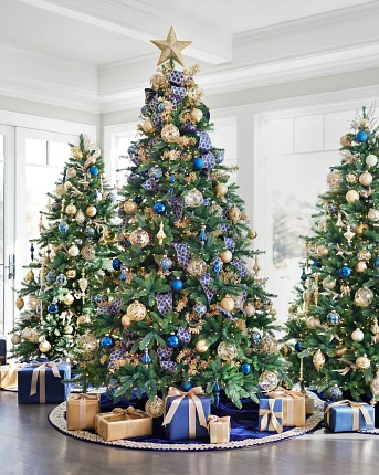 Christmas tree with blue and gold ornaments