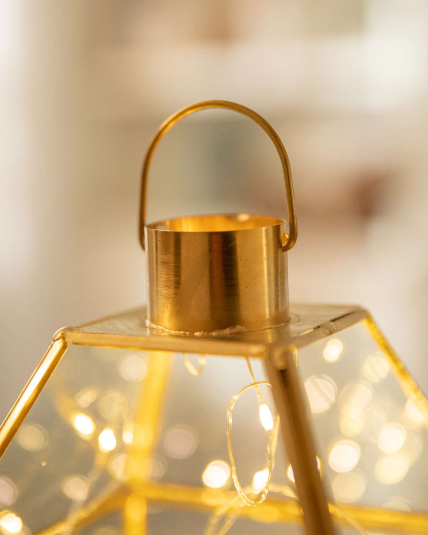 Balsam Hill Brass Fairy Light Lanterns Set of 2 Hang Loop Closeup