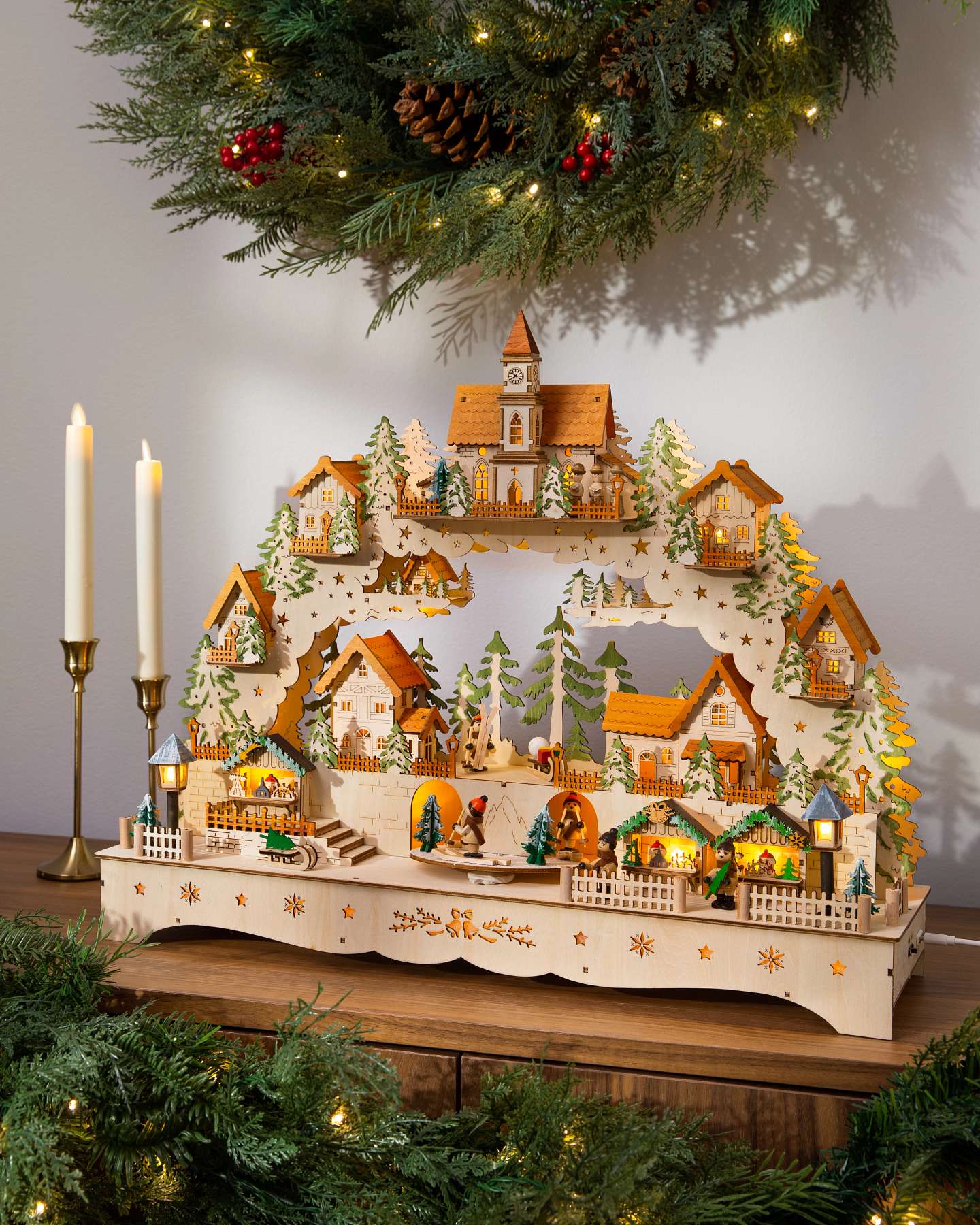 Balsam Hill Lit Wooden Animated Swiss Alps Village Elegant Holiday Display