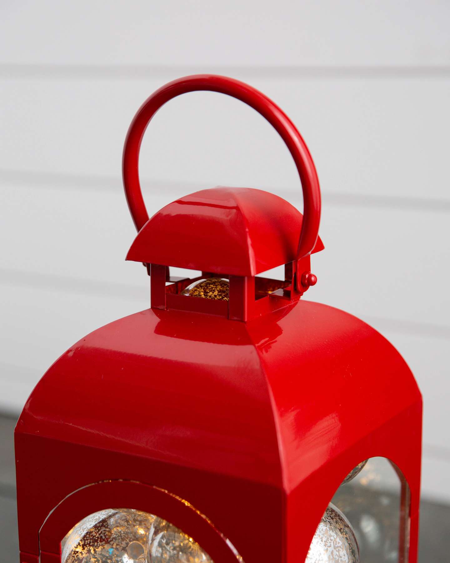 Balsam Hill Red Lantern with Lighted Christmas Ornaments Closeup View