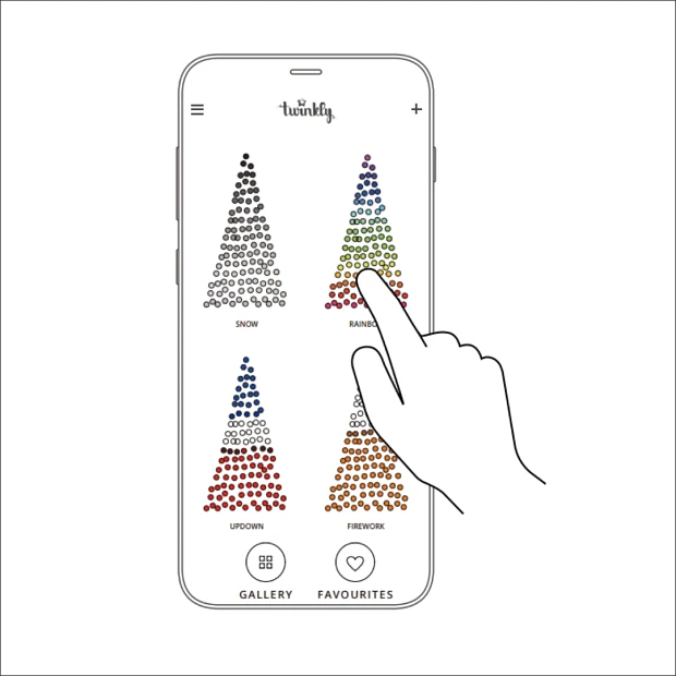 Illustration of person’s finger pointing at images of different lit trees on phone