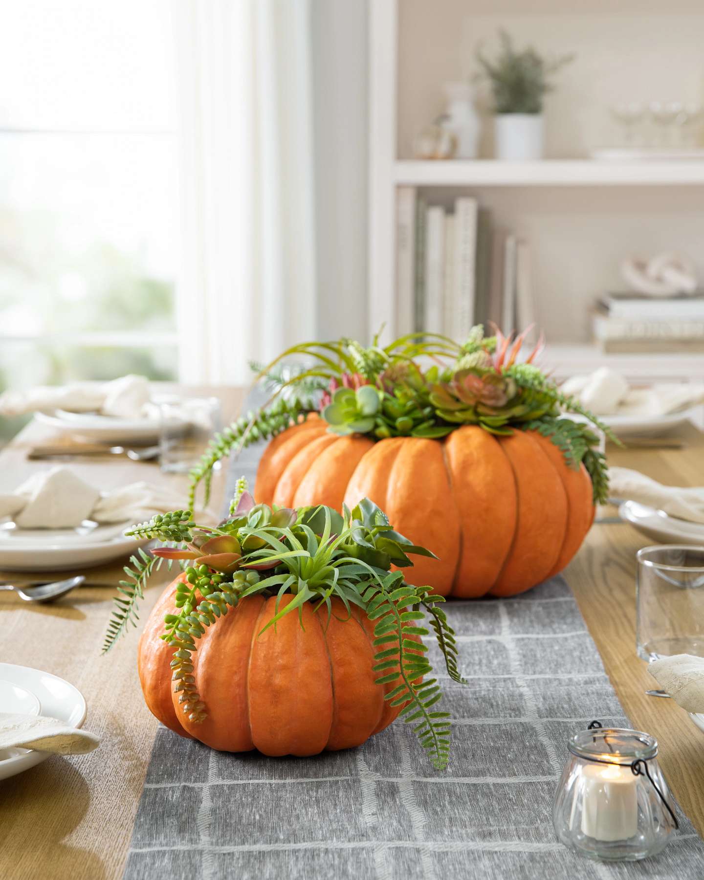 Balsam Hill Succulent Harvest Pumpkin Artificial Fall Centerpiece on a Dining Table