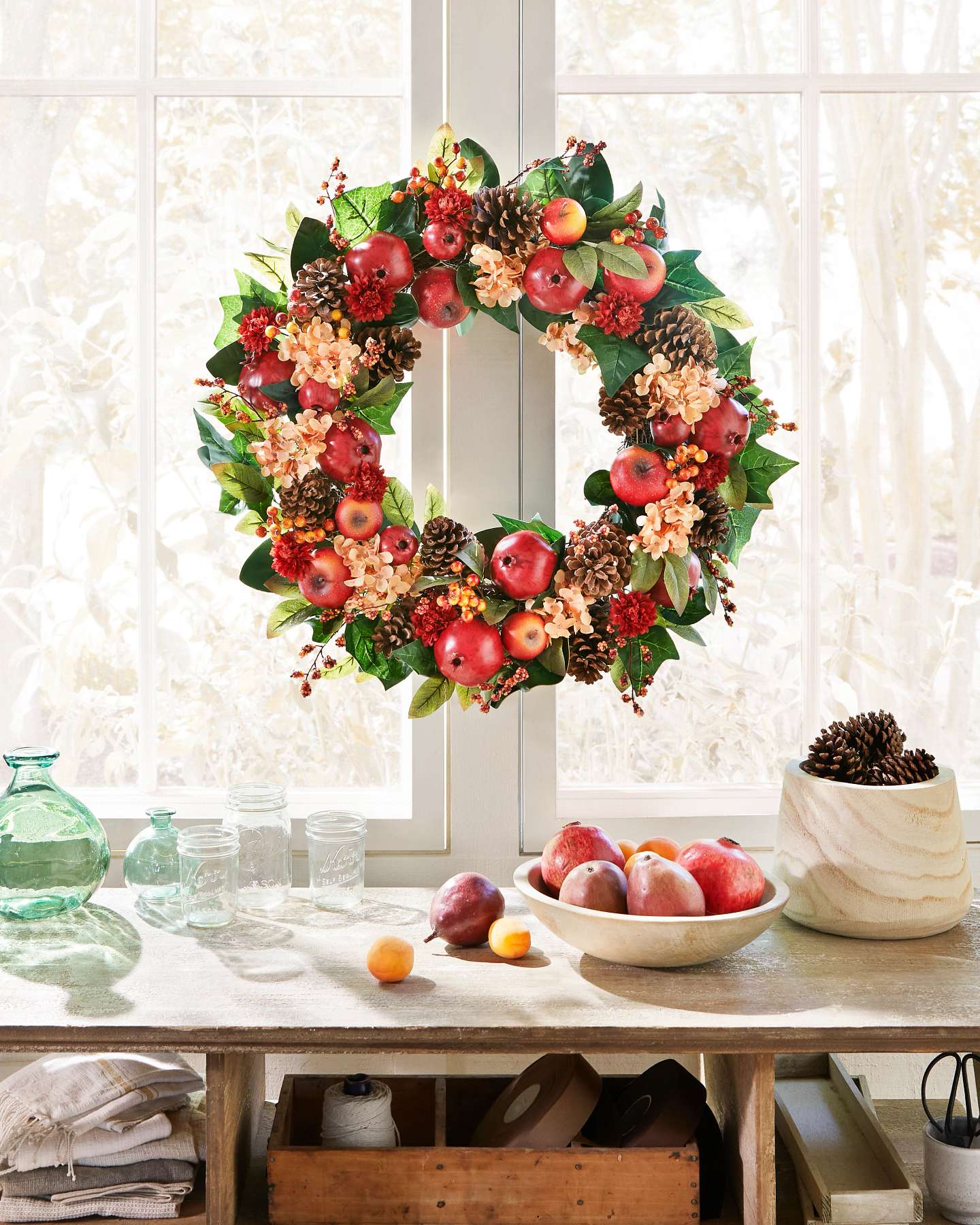 Balsam Hill Autumn Orchard Artificial Fall Wreath Window Display