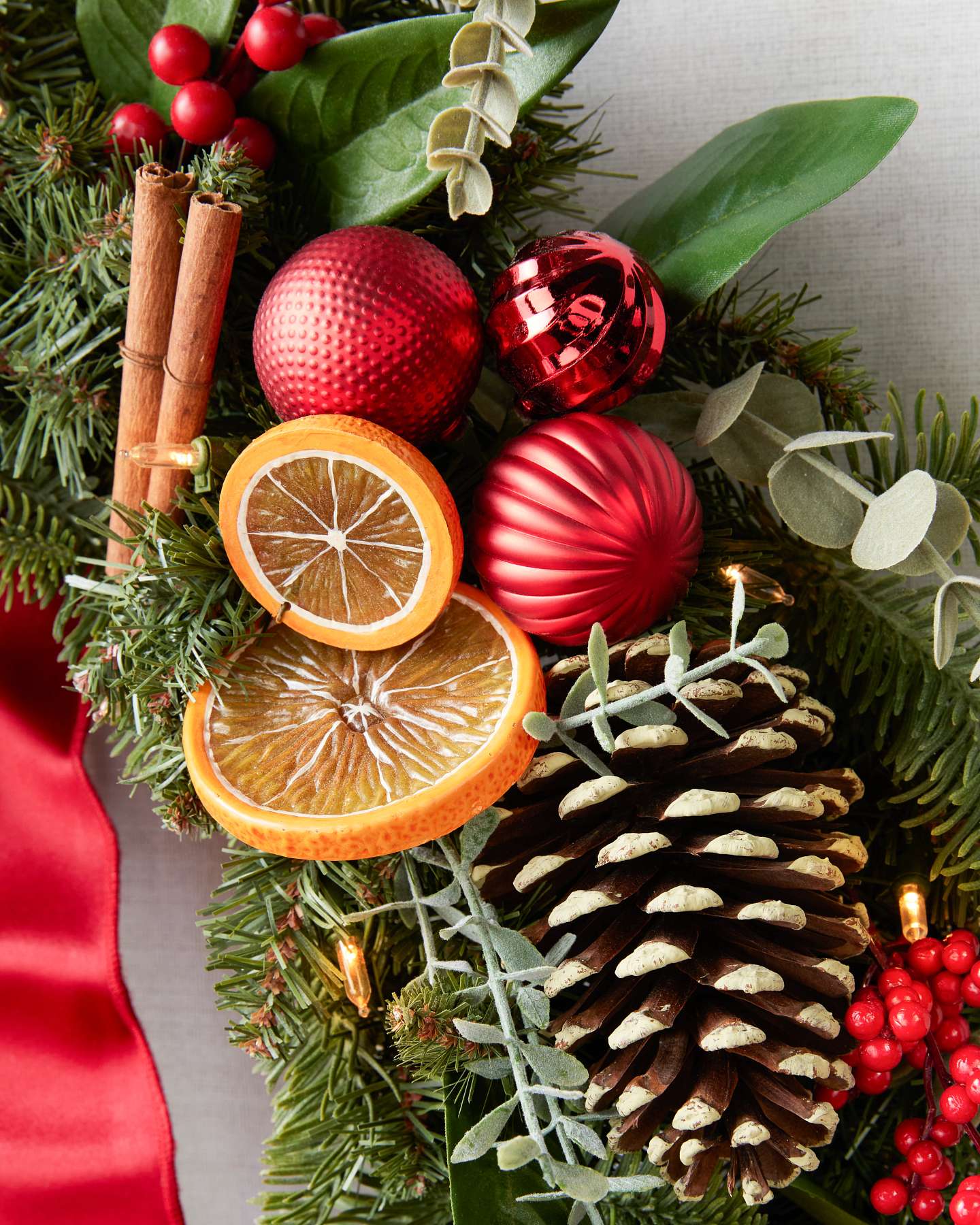 Balsam Hill 26-inch Citrus Spice Wreath LED Closeup Angle 1
