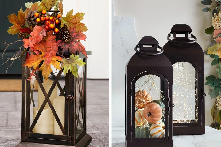 A collage of lanterns decorated with candles, pumpkins, and fall foliage