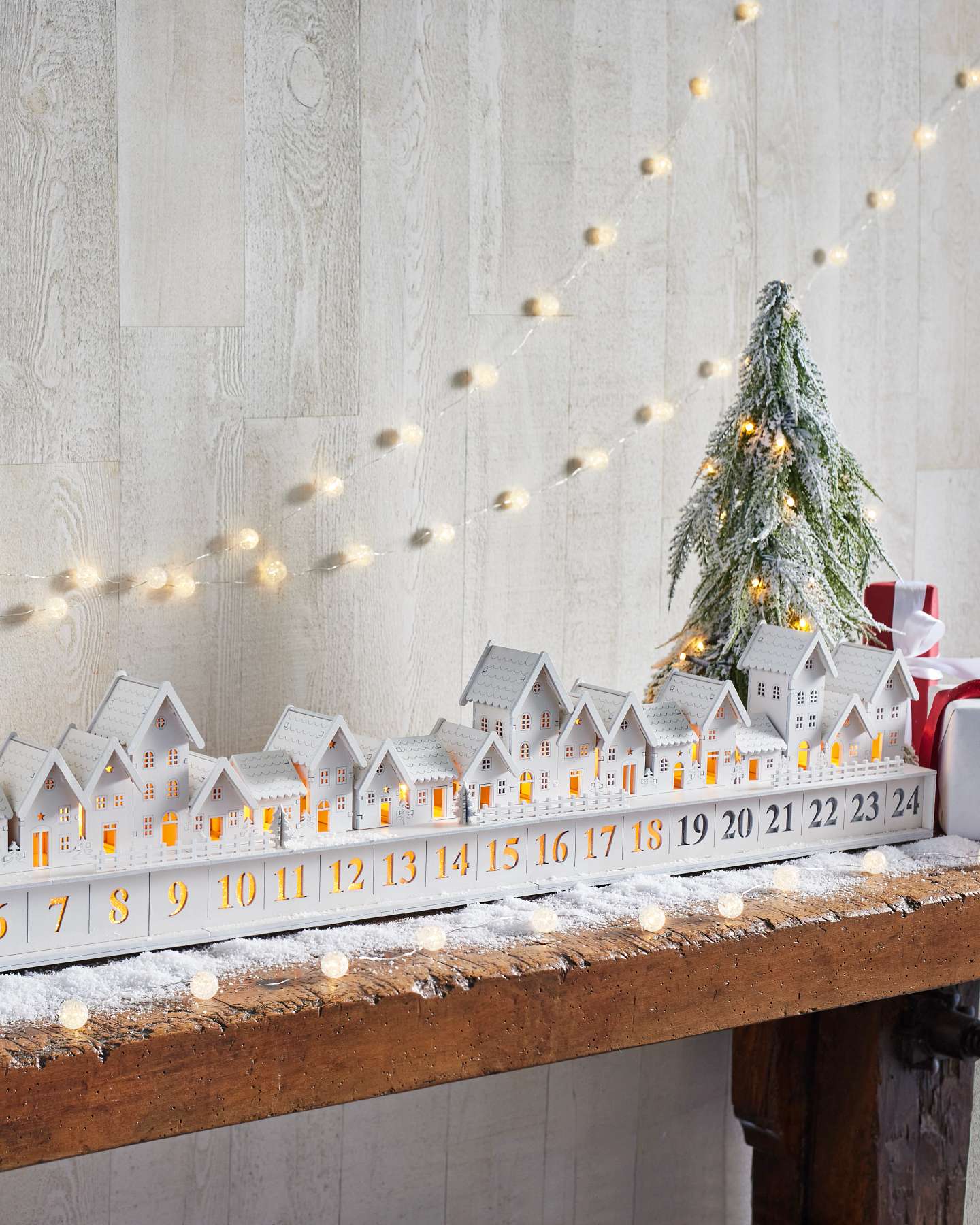Balsam Hill Wooden Christmas Mantel Village Lifestyle Detailed View