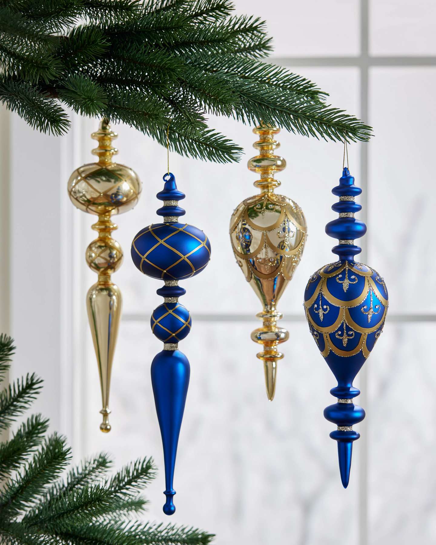 Balsam Hill Sapphire Gold Gilded Glory Glass Finial Artificial Christmas Ornament Set on Artificial Christmas Tree