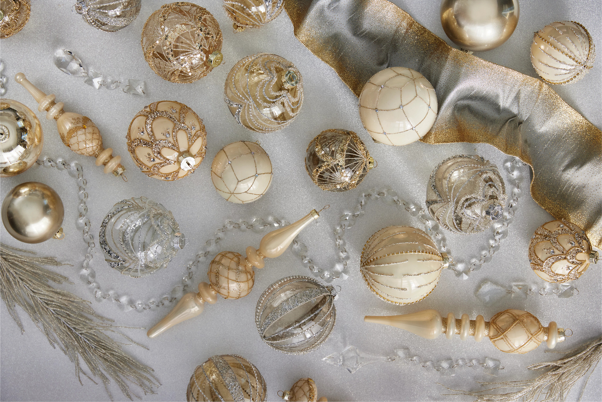 Assorted gold glass Christmas ornaments