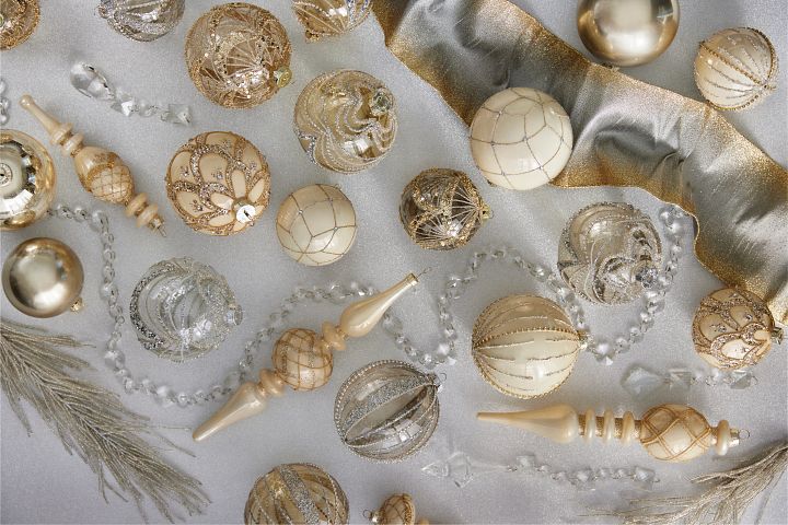 Assorted glass Christmas ball ornaments in gold