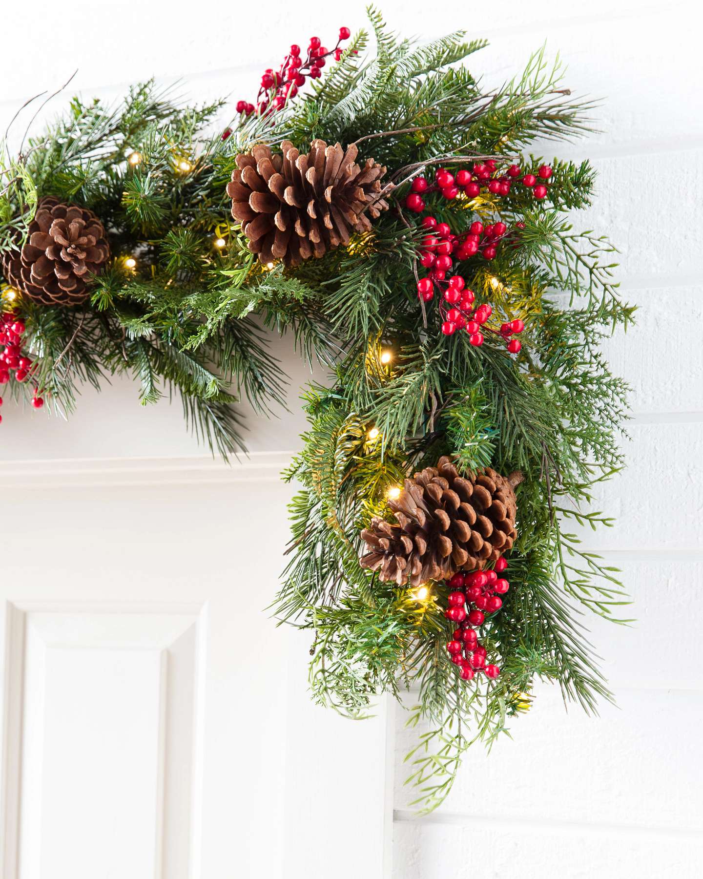 Balsam Hill Outdoor Red Berry Pine Artificial Christmas Garland 6-Feet with LED Lights