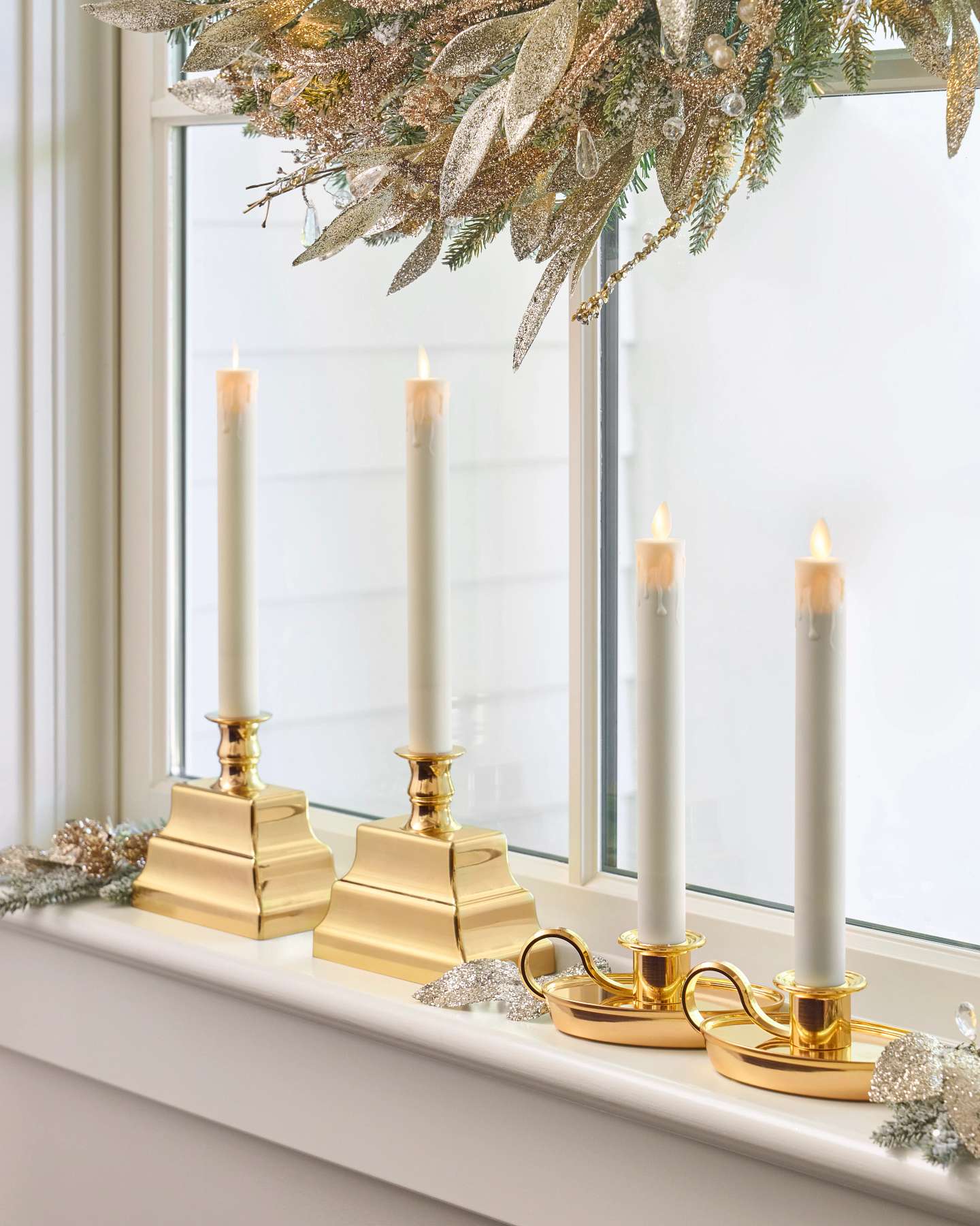 Balsam Hill Chamberstick Candle Set of 2 Lifestyle Window Display with Foliage Closeup
