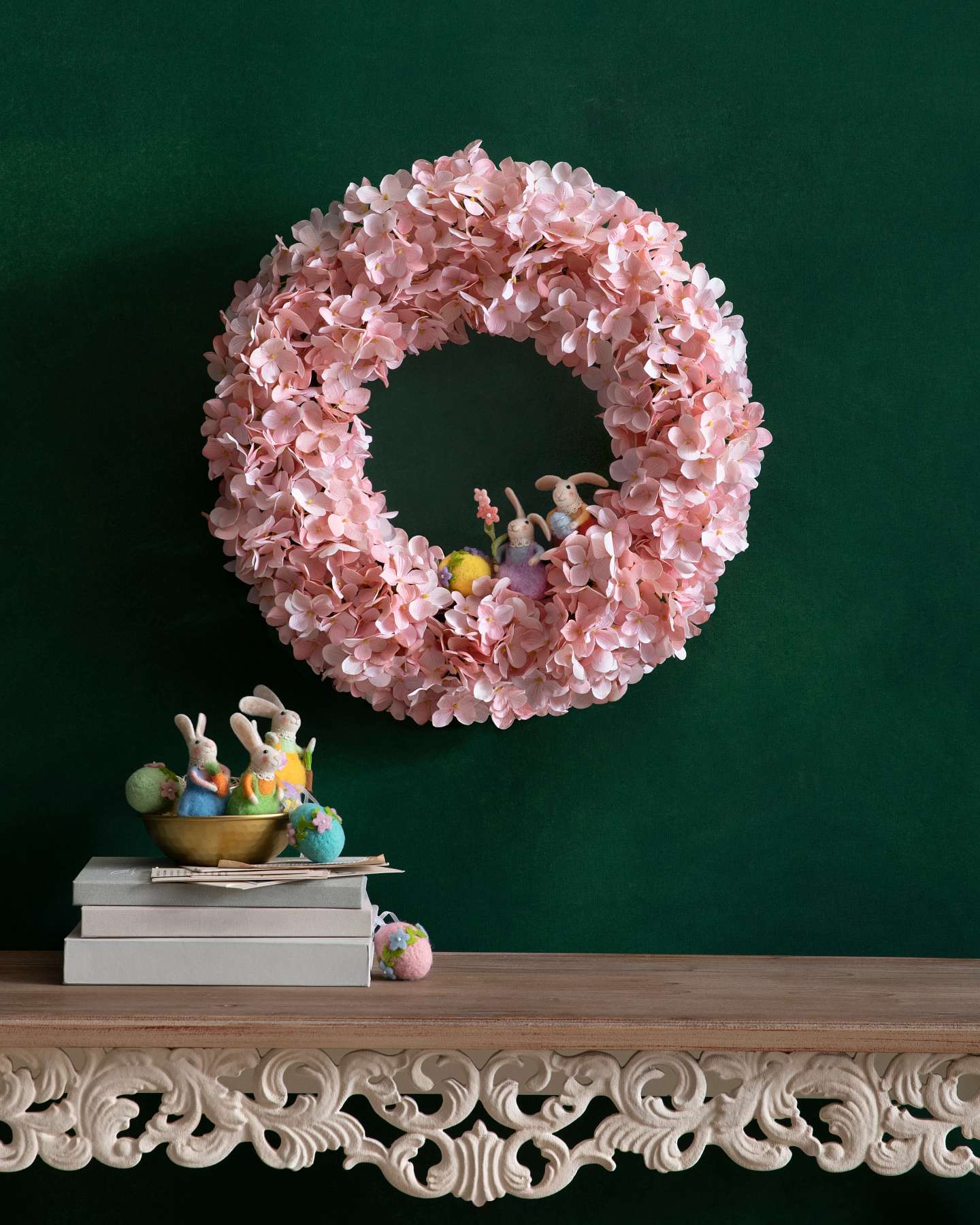 Balsam Hill Bunnies and Blooms Felt Christmas Ornament Set Lifestyle Display with Pink Floral Wreath