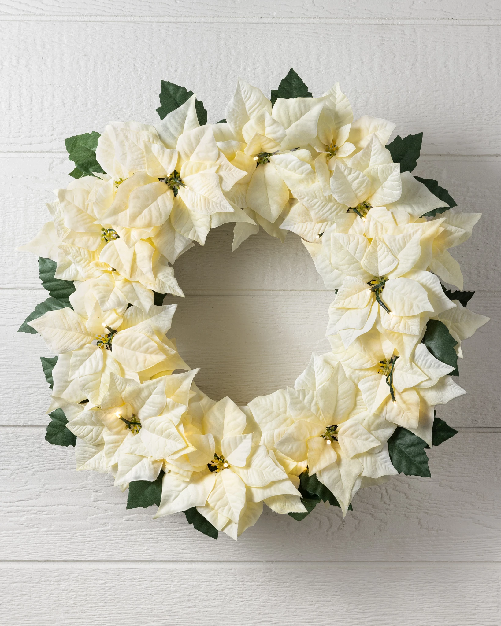 Outdoor Lit Ivory Poinsettia Celebration Wreath