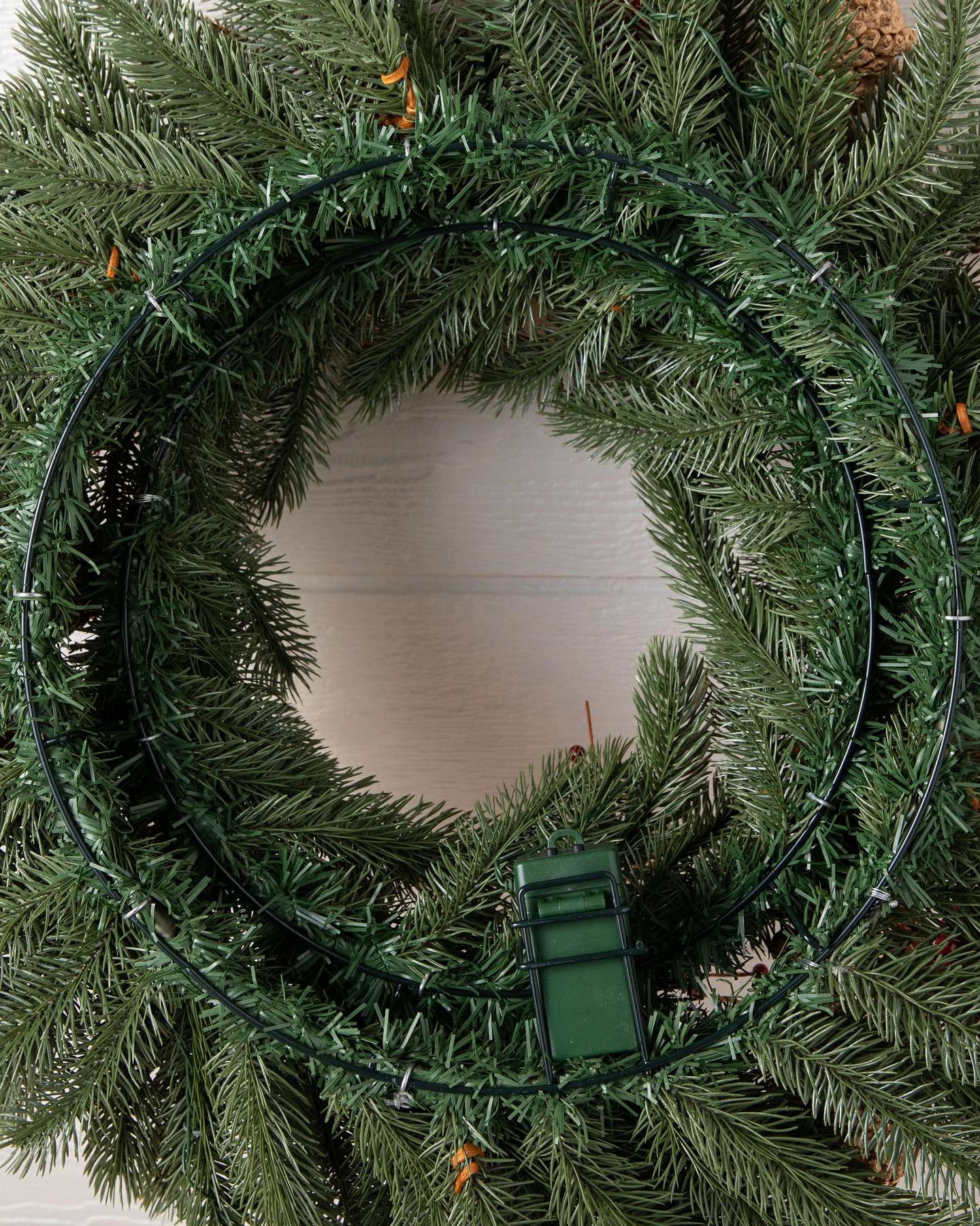 Balsam Hill Vermont White Spruce Bordeaux Artificial Christmas Wreath 32-Inch LED Candlelight Detail