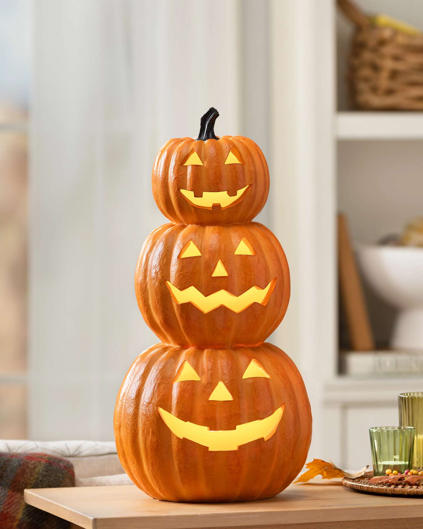 Balsam Hill Outdoor Lit Tabletop Stacked Jack-O’-Lanterns Showcase