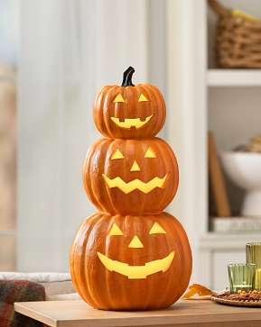 Lit Tabletop Stacked Jack-o'-Lanterns Lit Tabletop Stacked Jack-o'-Lanterns