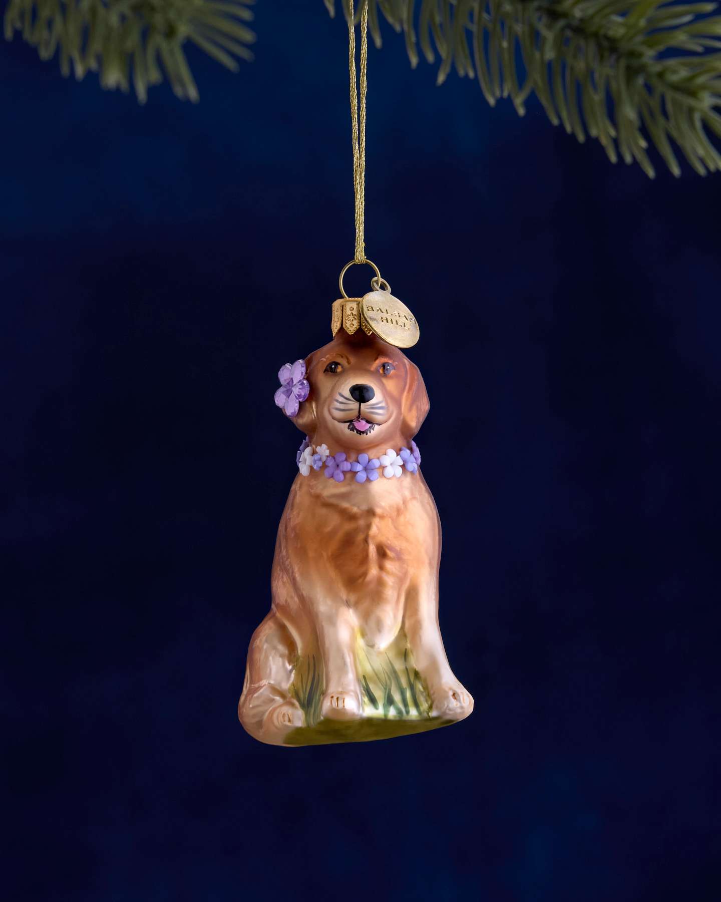 Balsam Hill Studio Retriever with Purple Flowers Ornament