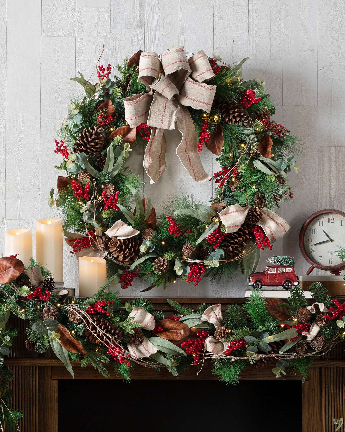 Balsam Hill Farmhouse Artificial Christmas Garland in a Fireplace Mantel
