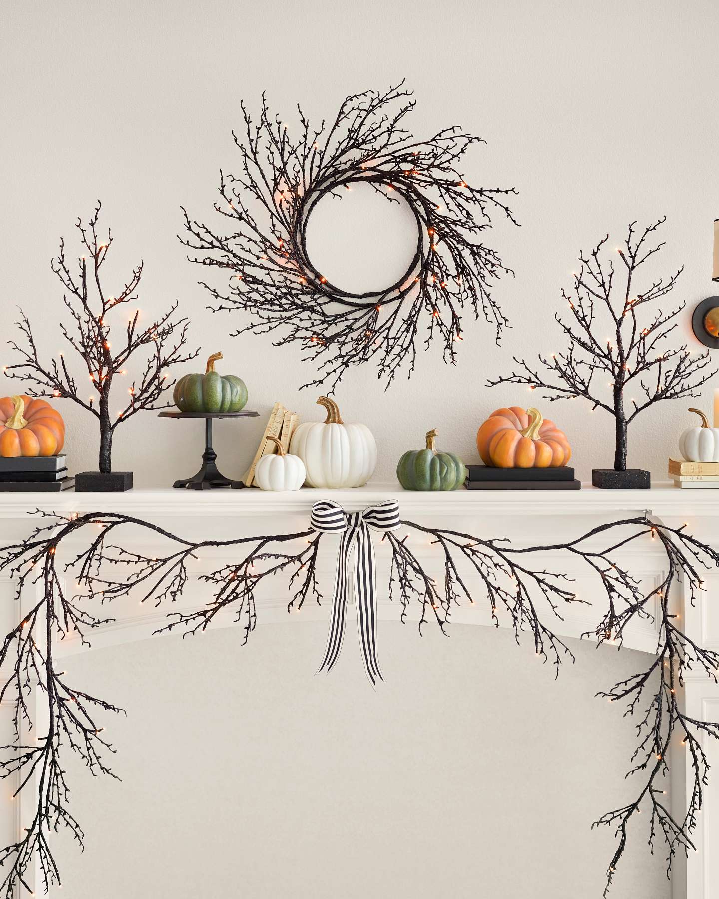 Balsam Hill Halloween Glitter Tabletop LED Twig Artificial Christmas Trees Set of 2 Lifestyle Diplay with Different Pumpkins