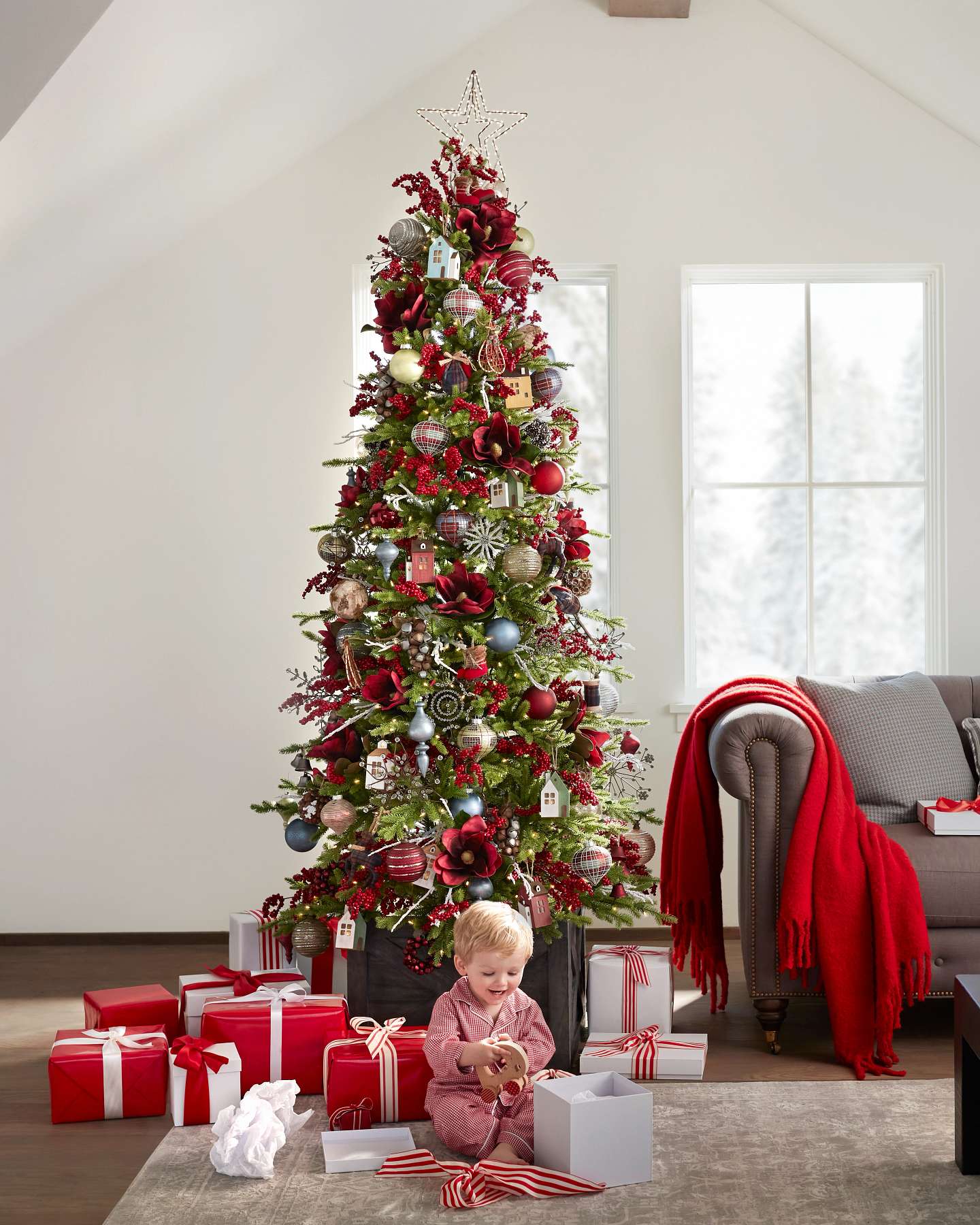 Balsam Hill Red Spruce Slim Artificial Christmas Tree Styled with Ornaments