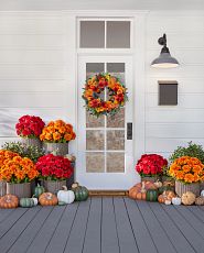Front porch decorated with wreath, urn fillers, and pumpkins