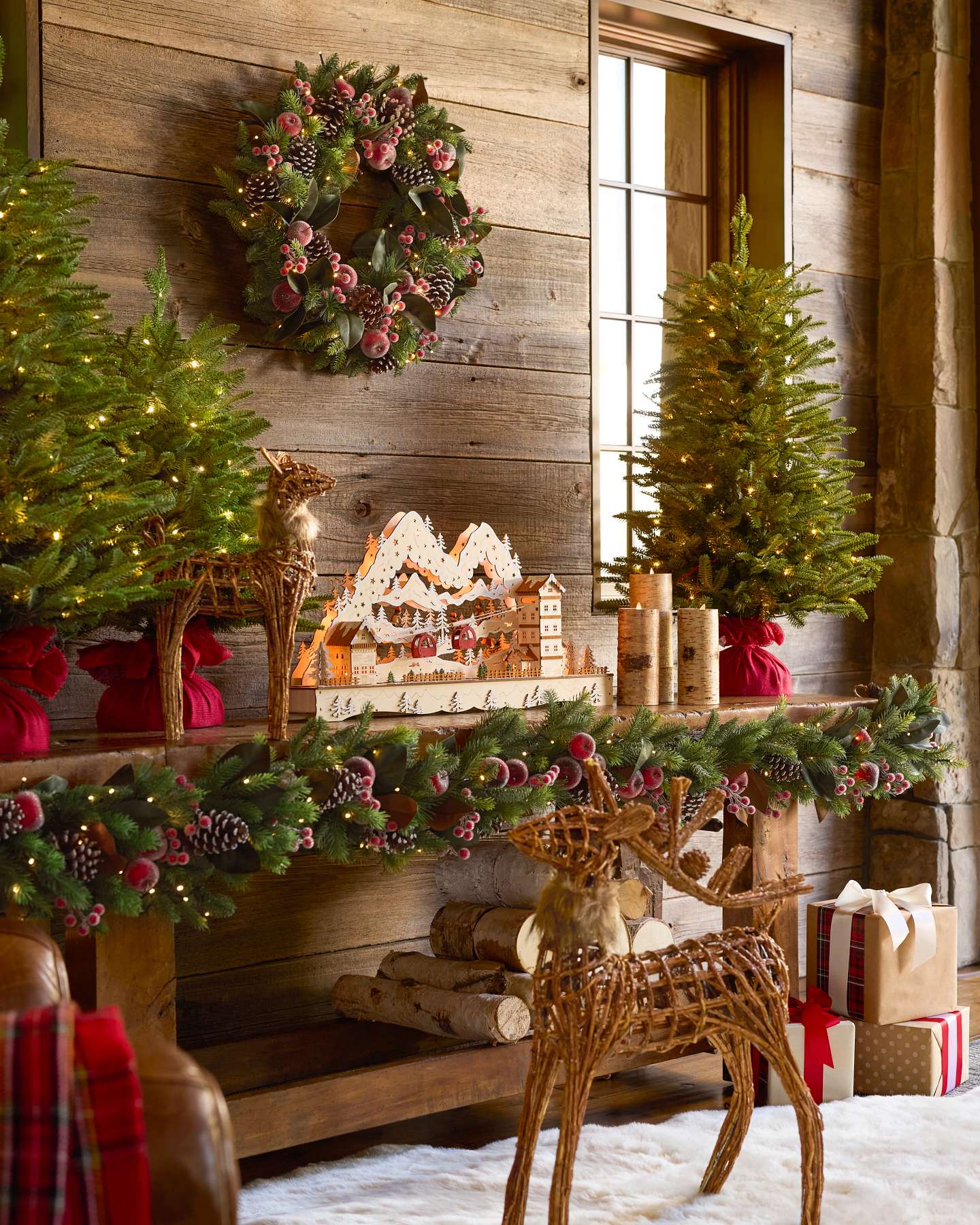 Balsam Hill Holiday Sugared Apple Harvest Artificial Christmas Foliage Lifestyle with Tabletop Trees