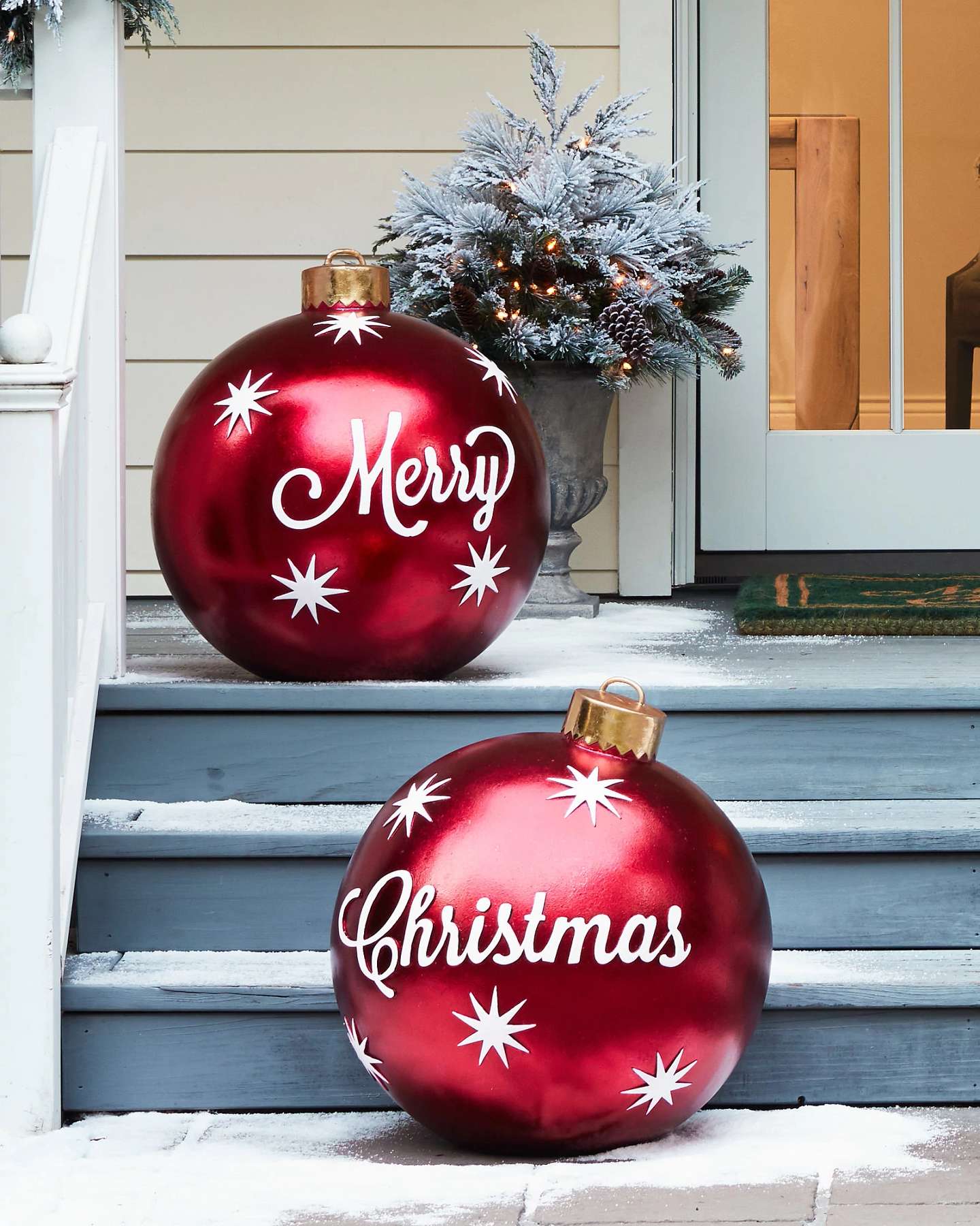 Balsam Hill Outdoor Merry Christmas Ornaments Set of 2 Beautiful Outdoor Setting