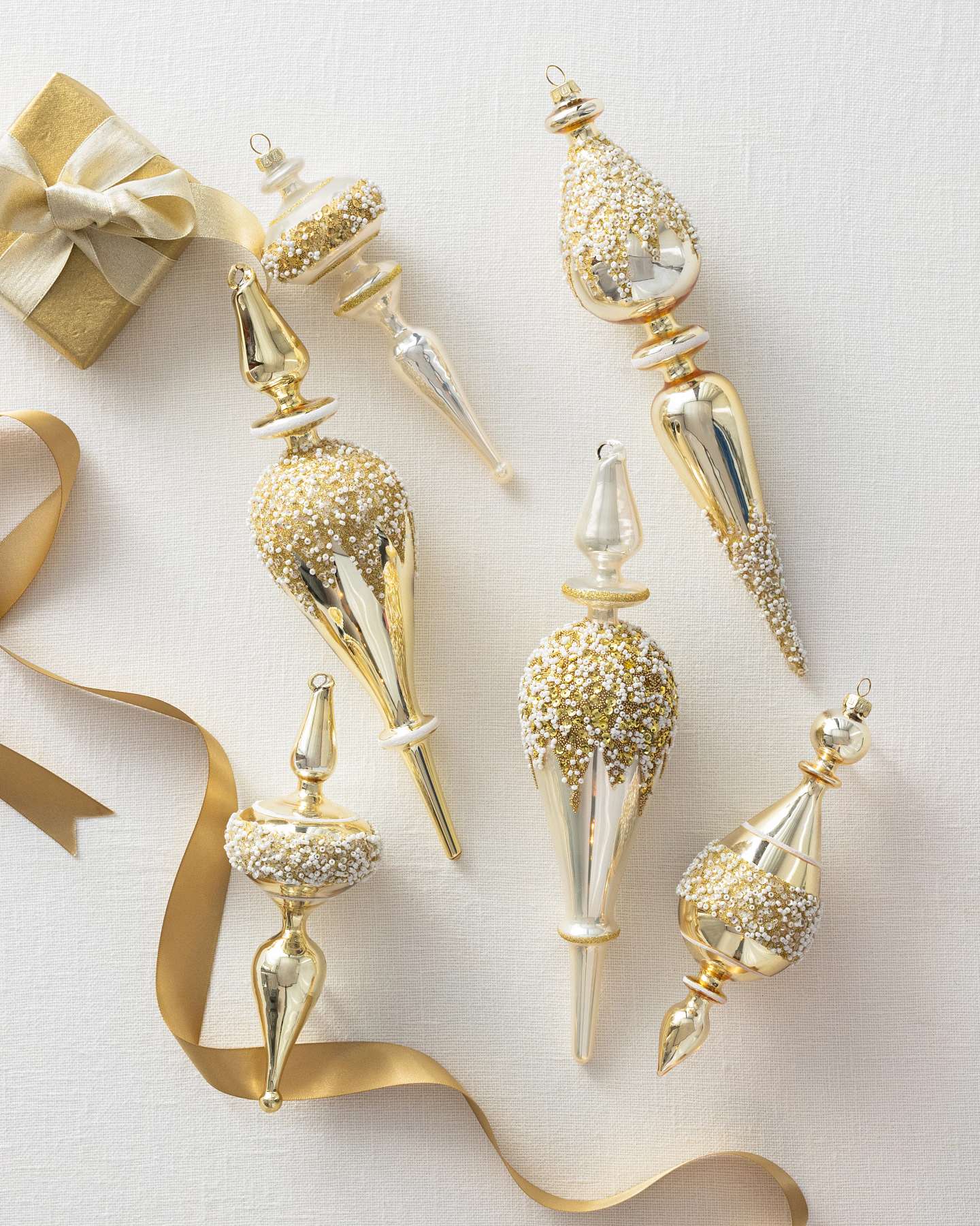 Balsam Hill Gilded Glory Beaded Finial Artificial Christmas Ornament Set in Gold Finish
