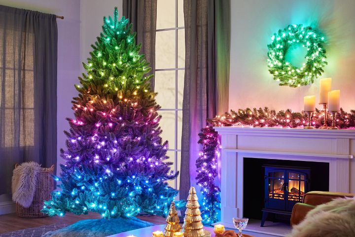 Modern purple christmas trees with ornaments and lights outdoor