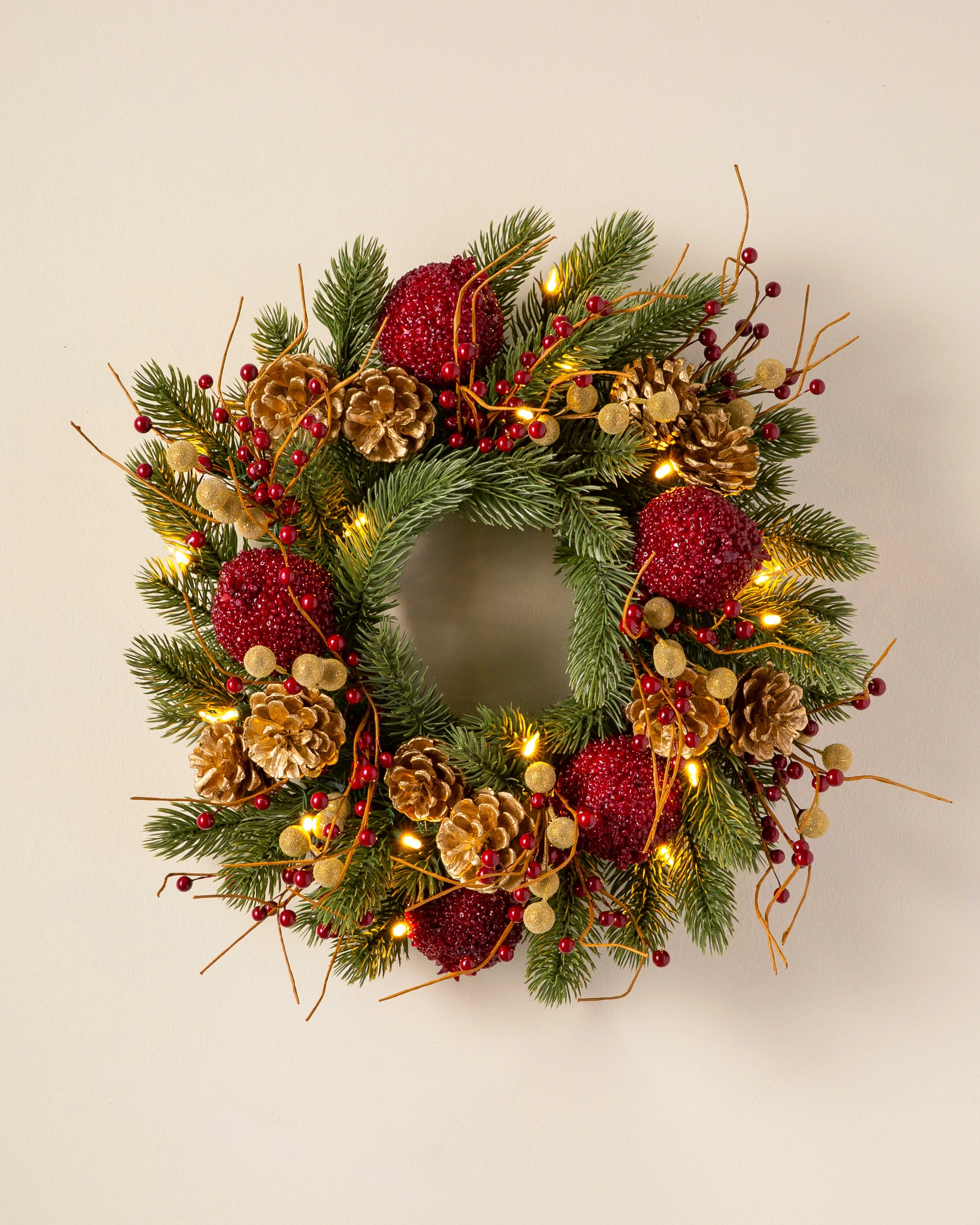 Couronne De Porte De Noël - Déco Hiver Rouge Et Or - Ruban Et Ornements - Deco Mesh