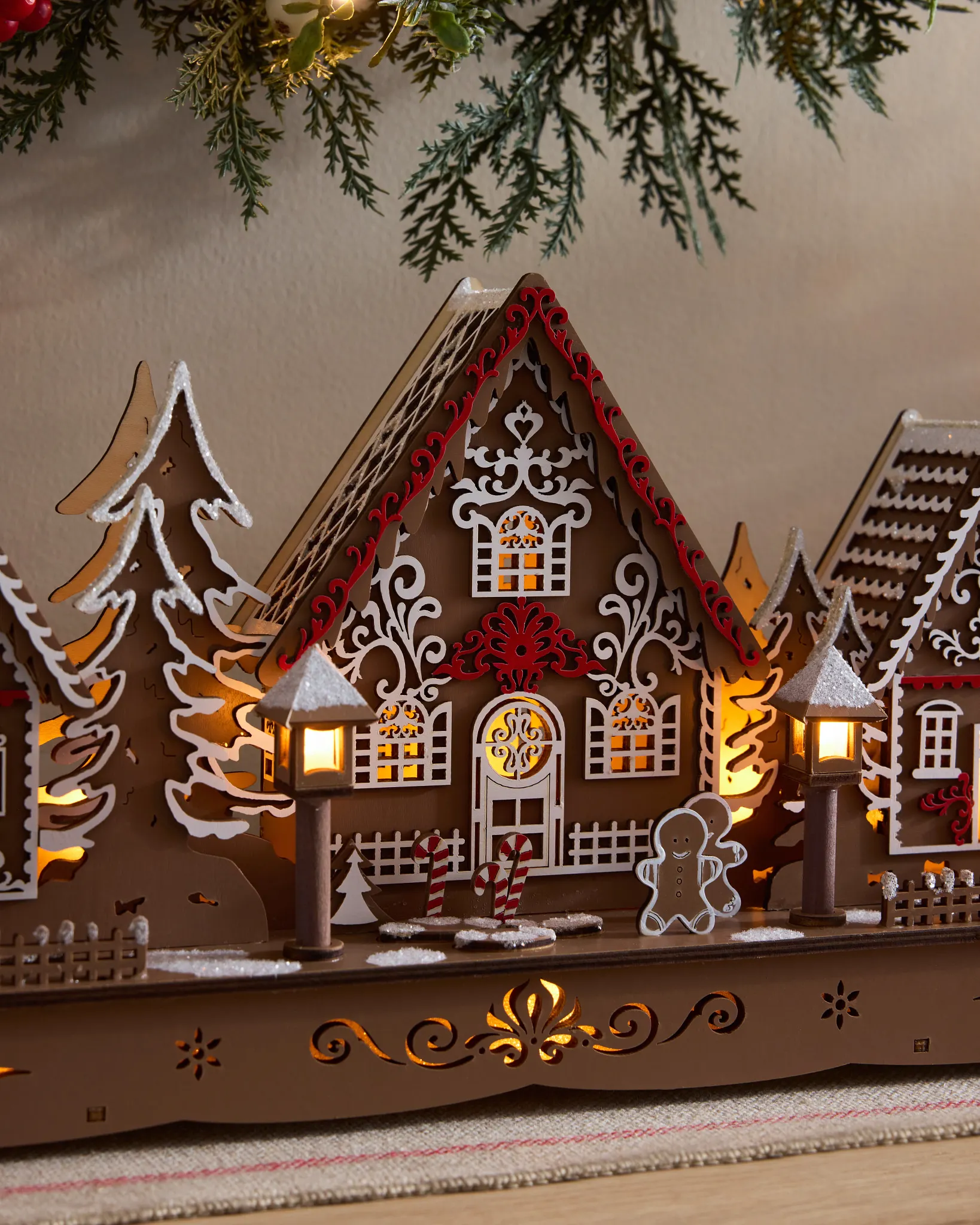 Lit Wooden Gingerbread Christmas Village