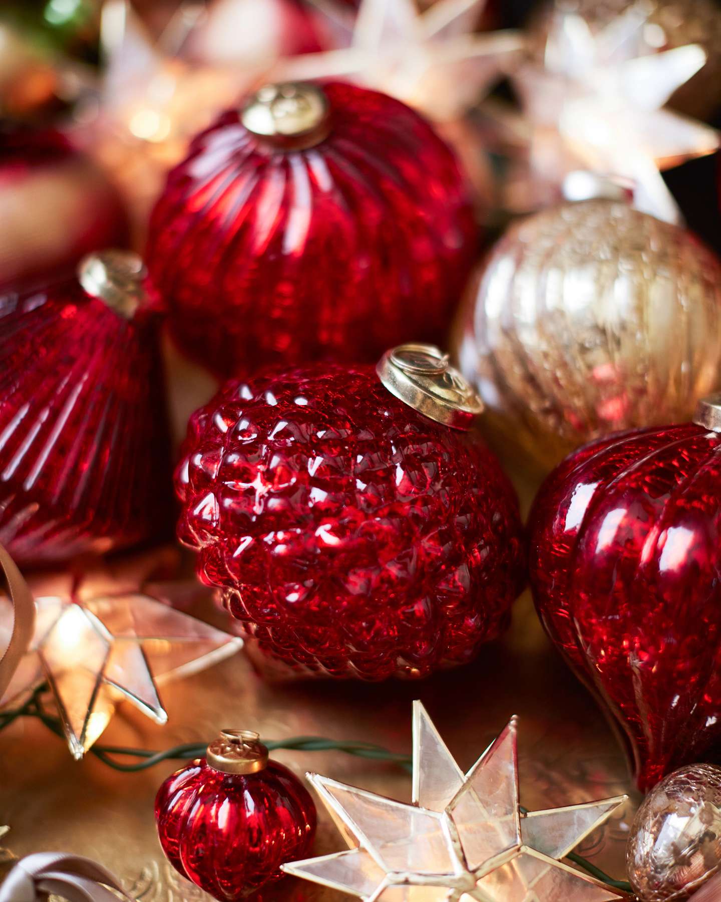 Balsam Hill Essentials Mercury Glass Christmas Ornament Set Closeup of Red and Gold Ornaments