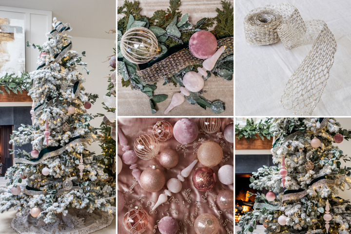 A collage of photos showing a Christmas tree decorated with ribbons using the wrap and tuck style