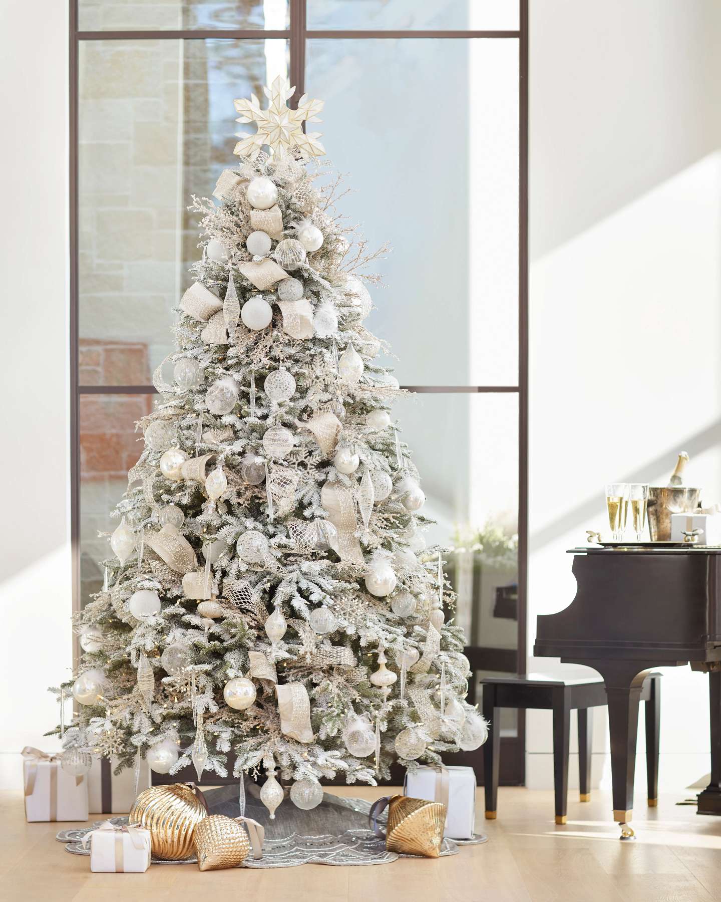 Balsam Hill Frosted Balsam Fir Artificial Christmas Tree Display near the Piano