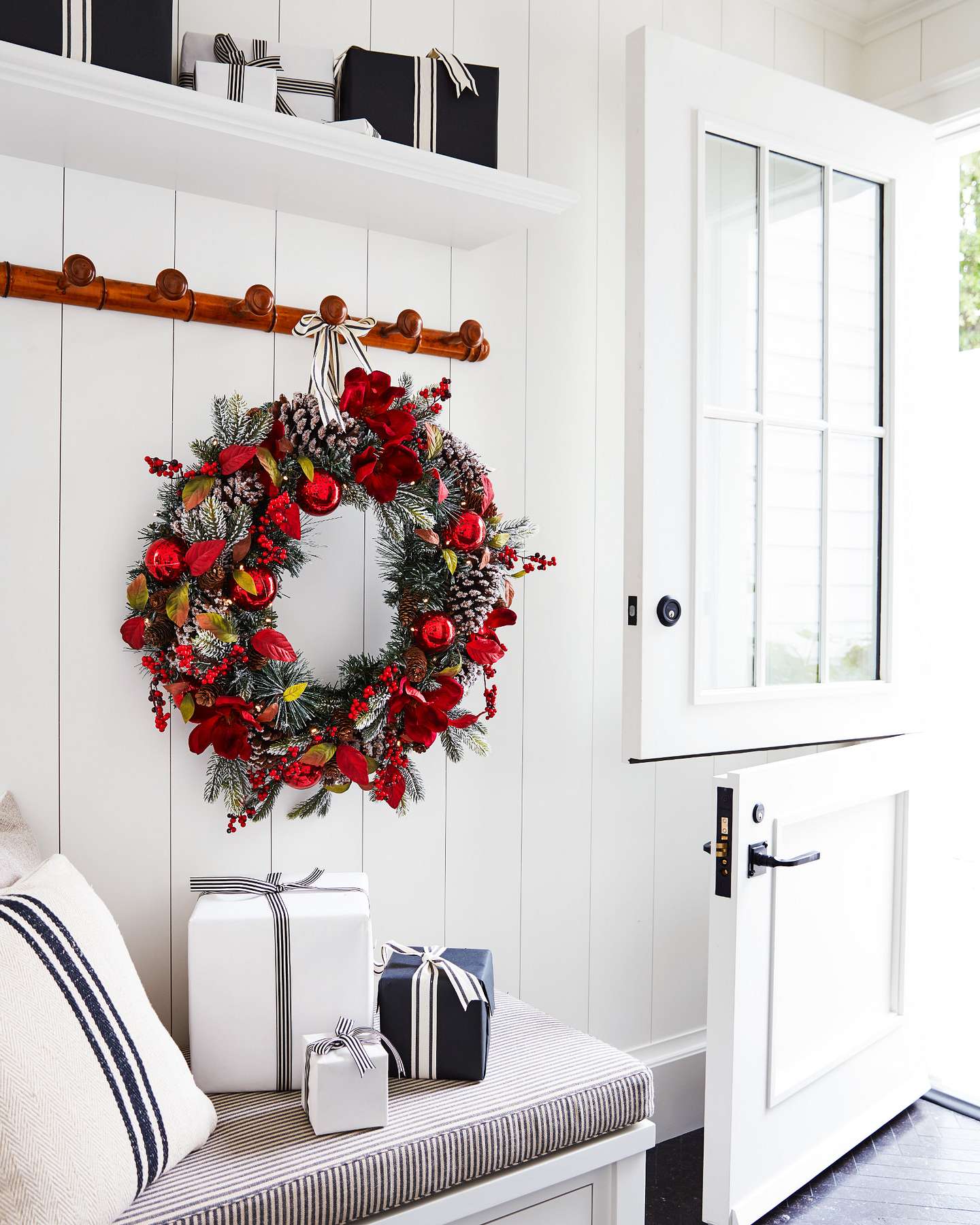Balsam Hill Mountain Chalet Artificial Christmas Foliage Displayed on Stair Railing