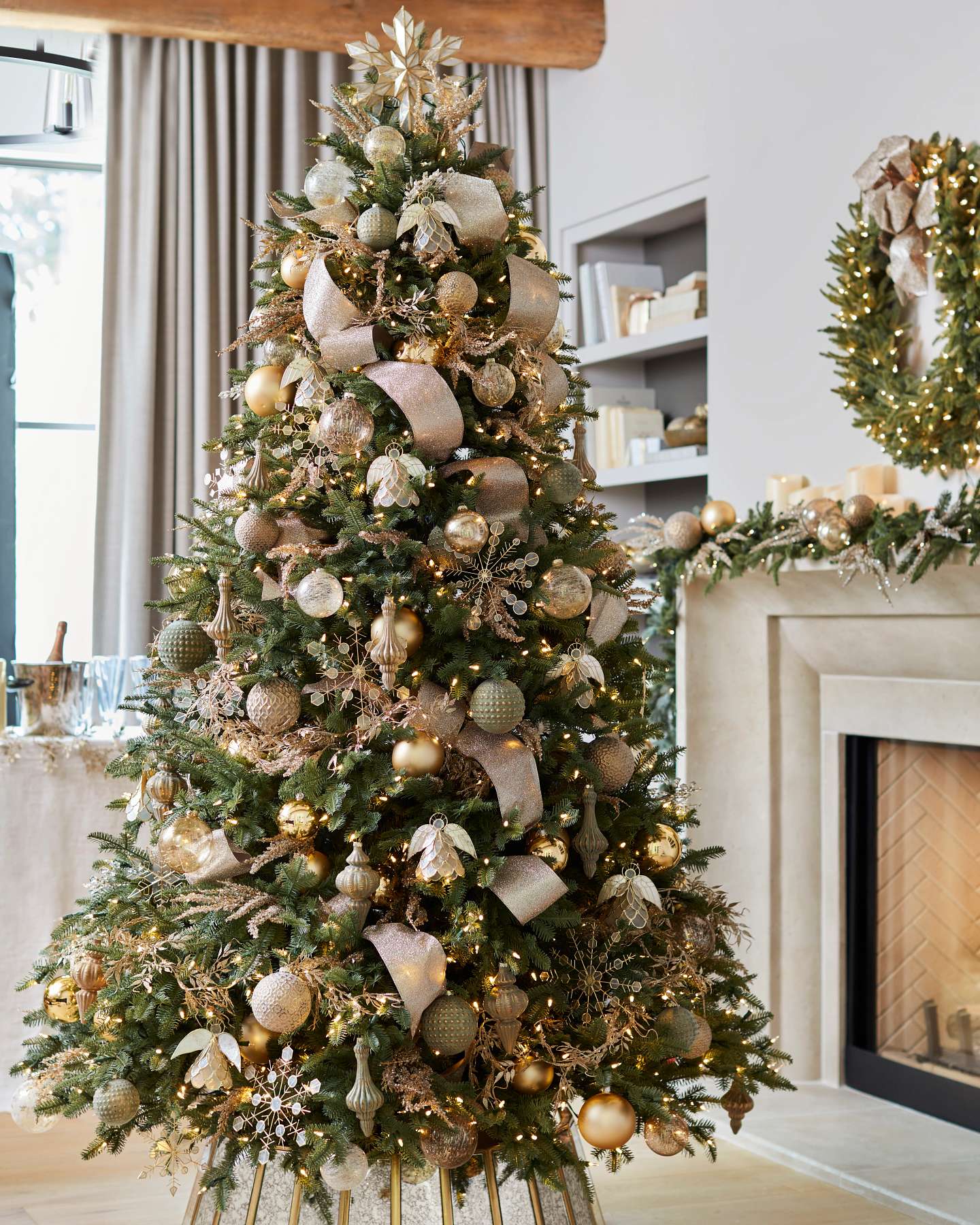 Balsam Hill Burnished Metals Christmas Ornament Set Lifestyle Fireplace Display