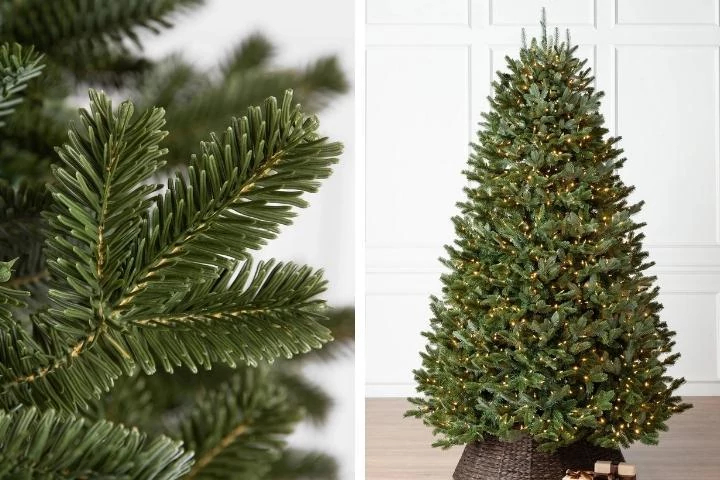 A collage featuring a close-up shot and a full shot of Balsam Hill's BH Fraser Fir Most Realistic Artificial Christmas Tree