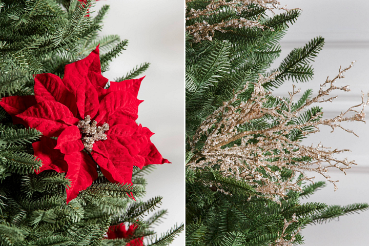 Collage of Christmas trees decorated with floral and frosted branch picks
