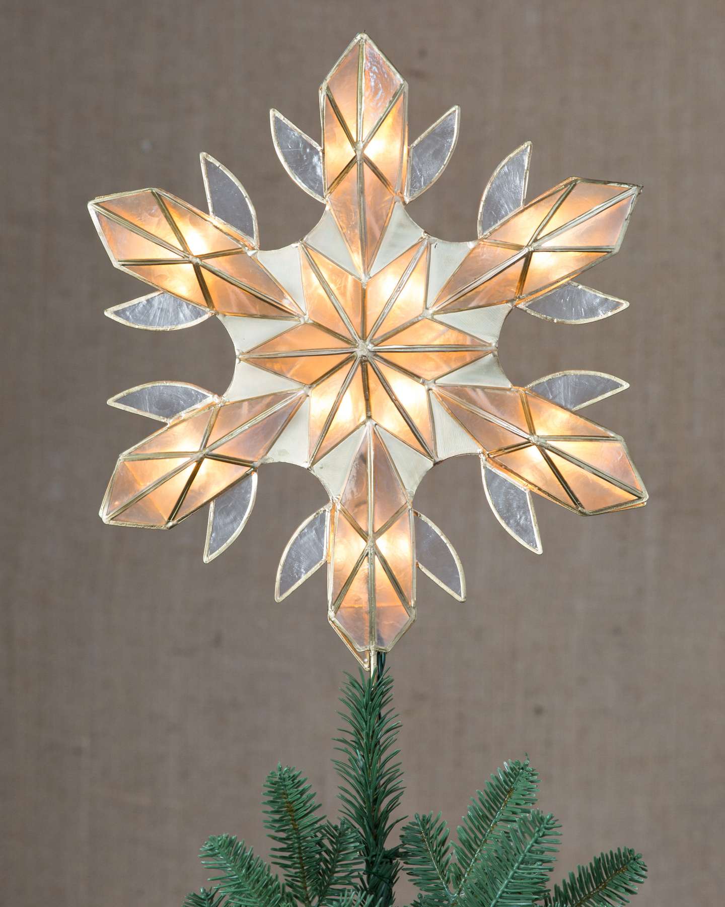 Balsam Hill Capiz Snowflake Lighted Christmas Tree Topper Lifestyle Tree Display Closeup