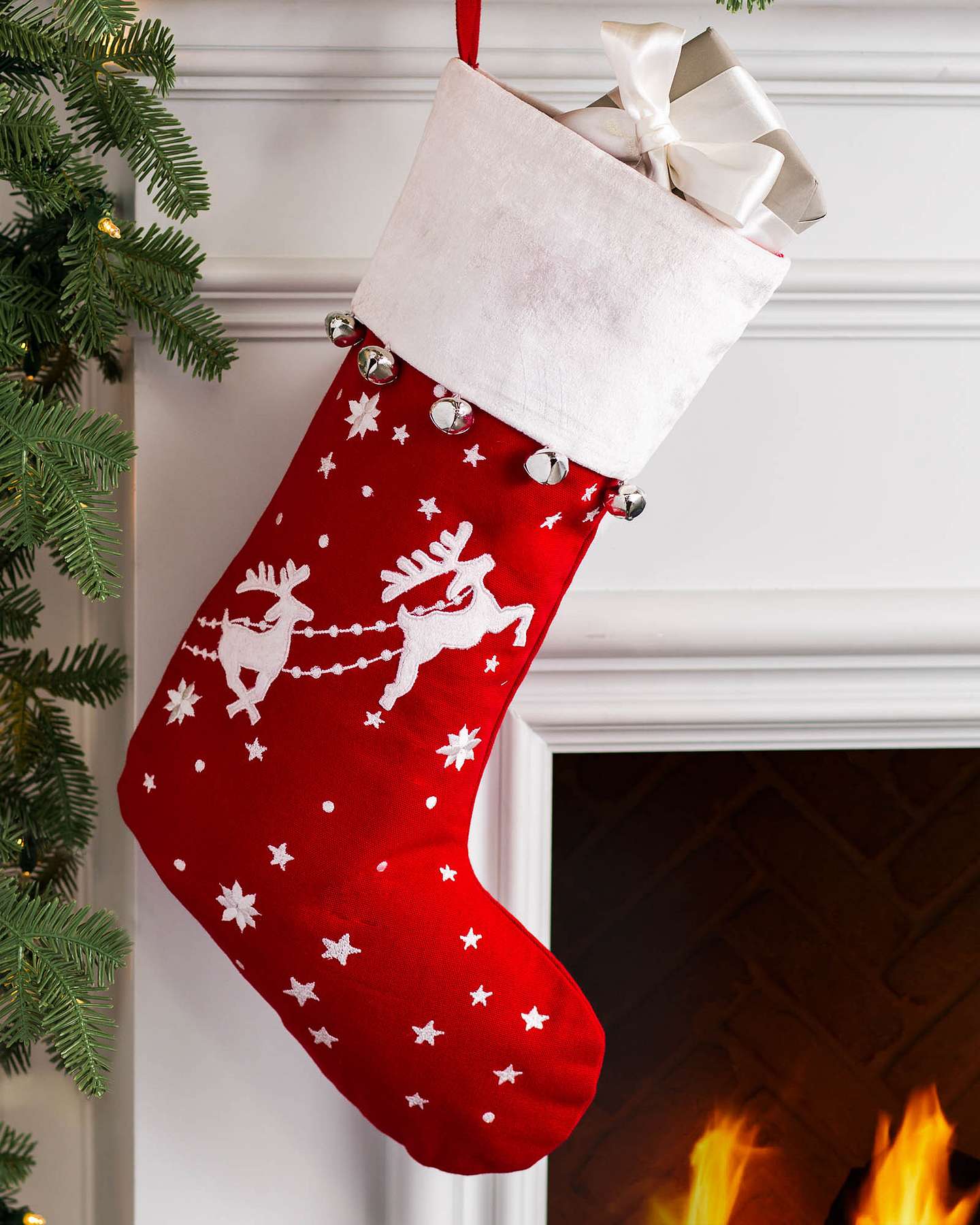 Balsam Hill Flying Reindeer Christmas Stocking Fireplace Closeup