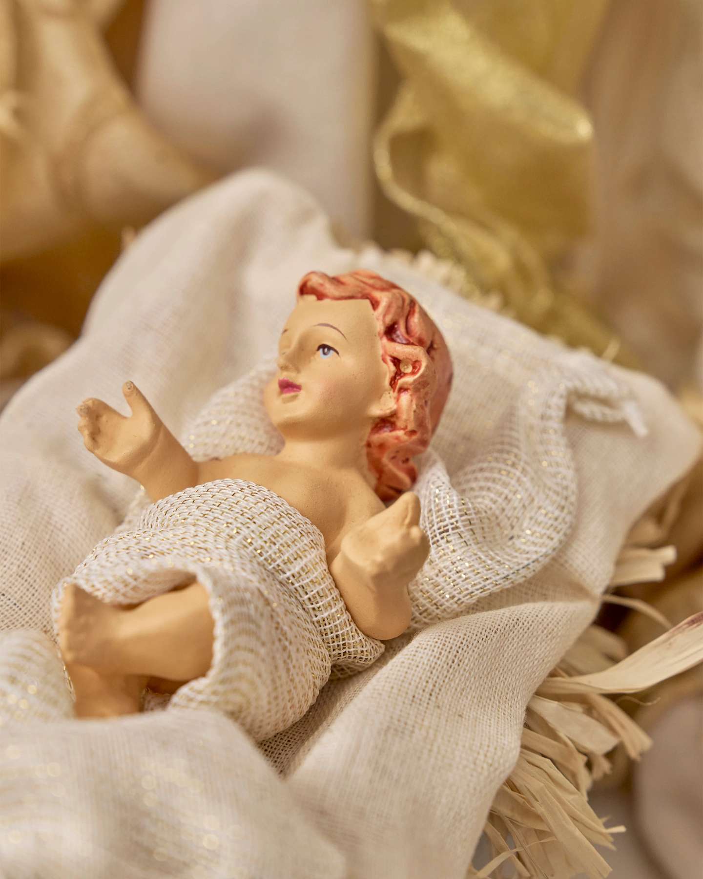 Balsam Hill Gold Nativity Scene Set of 6 Closeup of Baby Jesus